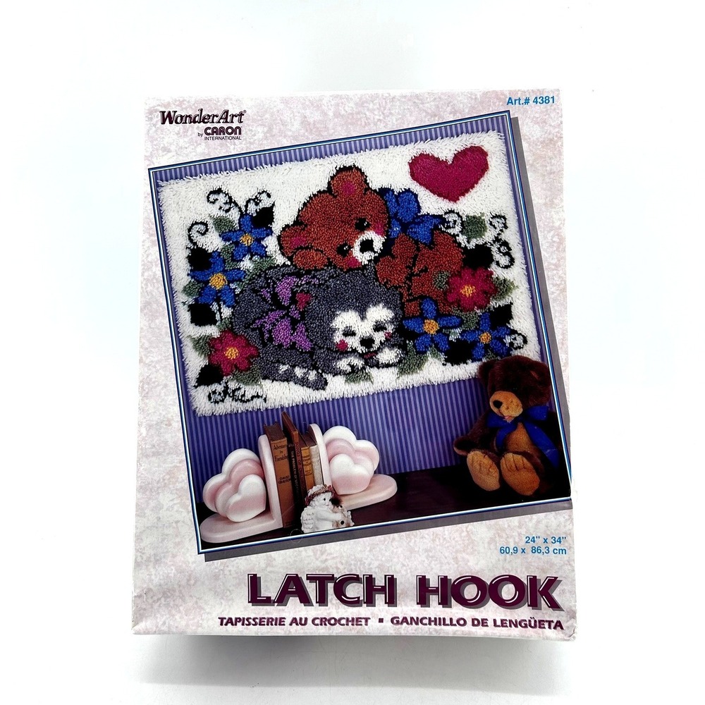 WonderArt Latch Hook Kit 4381 Baby Morning Light Bear Puppy 24x34 Vintage Caron
